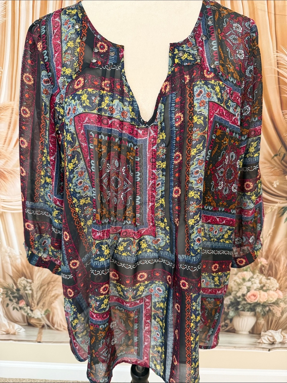 Eyeshadow Sheer Paisley Patchwork Tunic - Burgundy, Navy, Teal, Mustard
